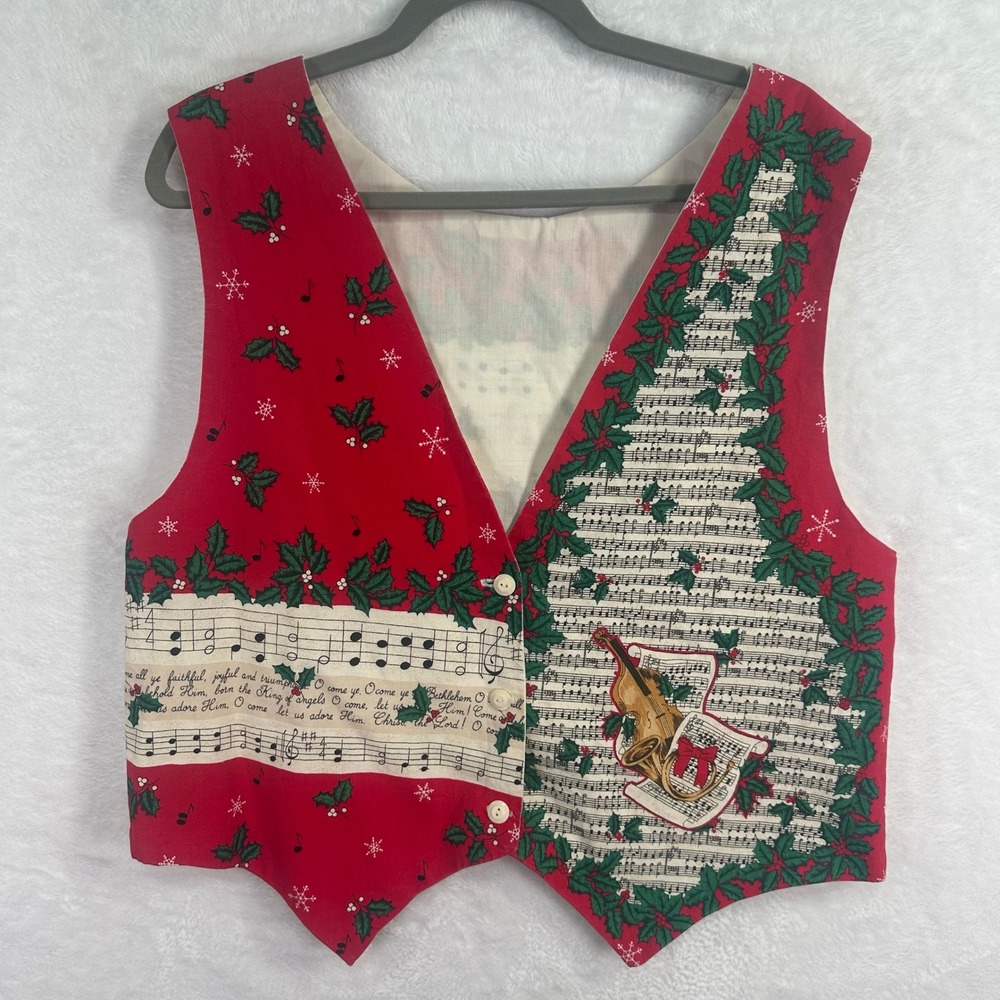 Christmas Music Sheet Vest Womens Large Red Holiday Caroling Sheet Music